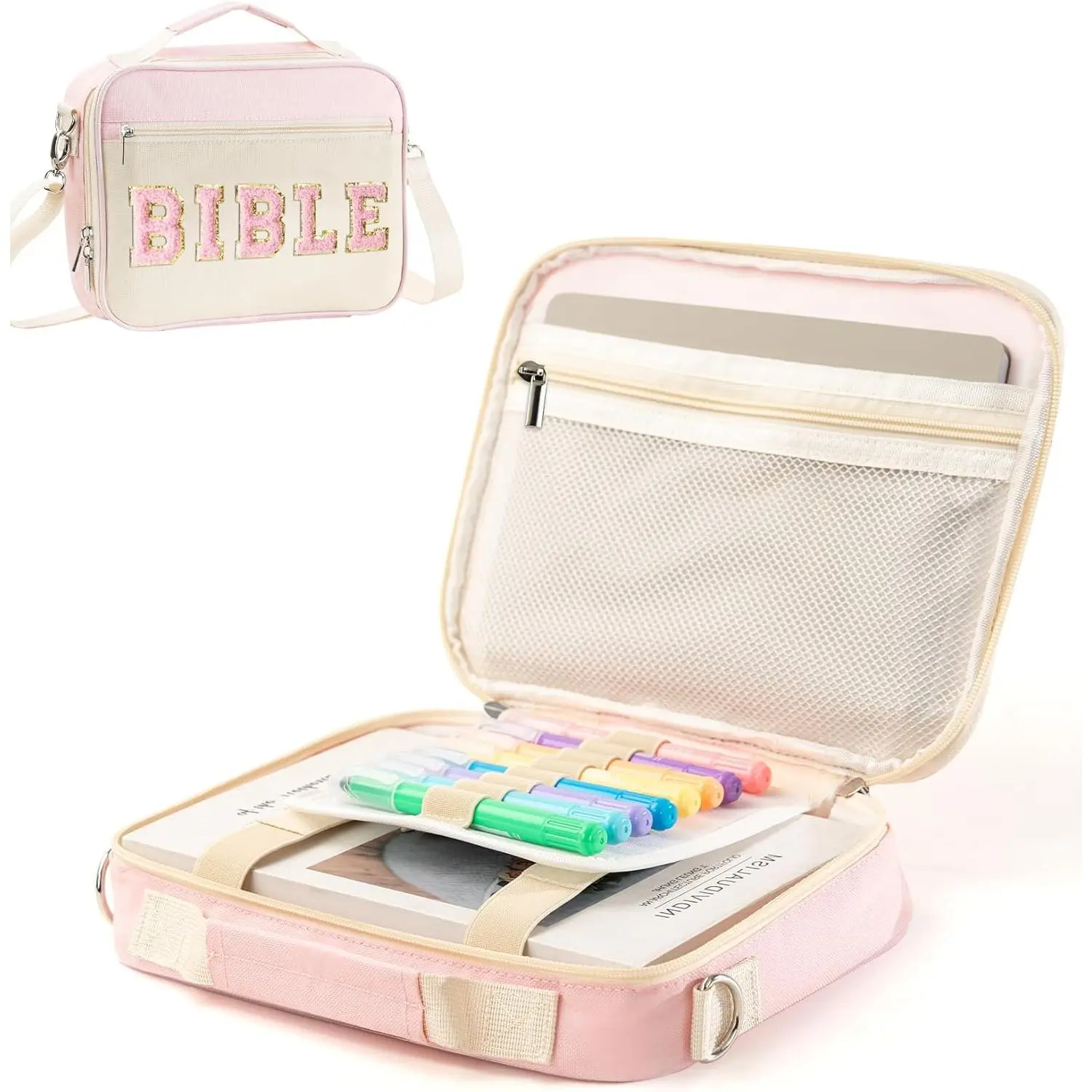 BLBLE Chic and Personalized Bible Cover Case with Embroidered Large Chenille Letter, Pink Church Storage Bag with Shoulder Strap for Easy Carrying, Fits Most Standard-Sized Bibles