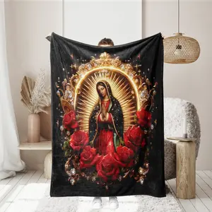 1 piece of Virgin Mary Rose religious art-themed blanket, covered with statue of Virgin Mary, red roses, and gold diamond totem elements. Soft and comfortable bedroom, living room sofa cover blanket, camping blanket, Throw Blanket