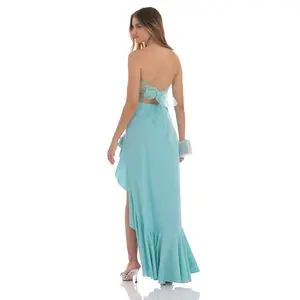 Lucy in the Sky Strapless Back Bow Corset Maxi Dress in Aqua Blue