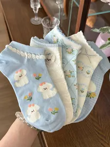 5 Pairs of Women's Spring/Summer Cute Floral Puppy Bow Boat Socks Fit – Adorable puppy patterns, delicate lace trim, sweet youthful look design, perfect with Mary Janes for a girlish look Cute Ankle Socks