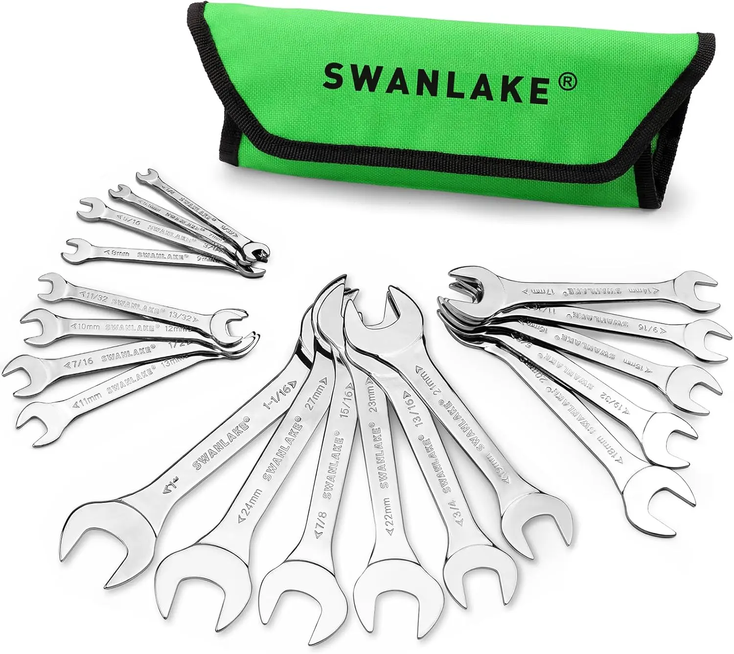 SWANLAKE 19Pcs Super-Thin Open End Wrench Set, Carbon Steel SAE & Metric Slim Spanners (1/4"-1-1/16" & 5.5mm-27mm) with Rolling Pouch, Mechanic Tools,father'sdaygifts