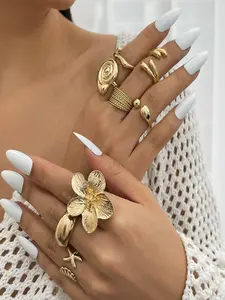 Boho Style 8-Piece Set Starfish Pearl Open Ring Flower Rings, Casual Fashion Party Banquet Women Holiday Versatile Gift