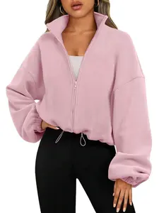 Women's Spring Fleece Crop Jacket With Zipper And Drawstring