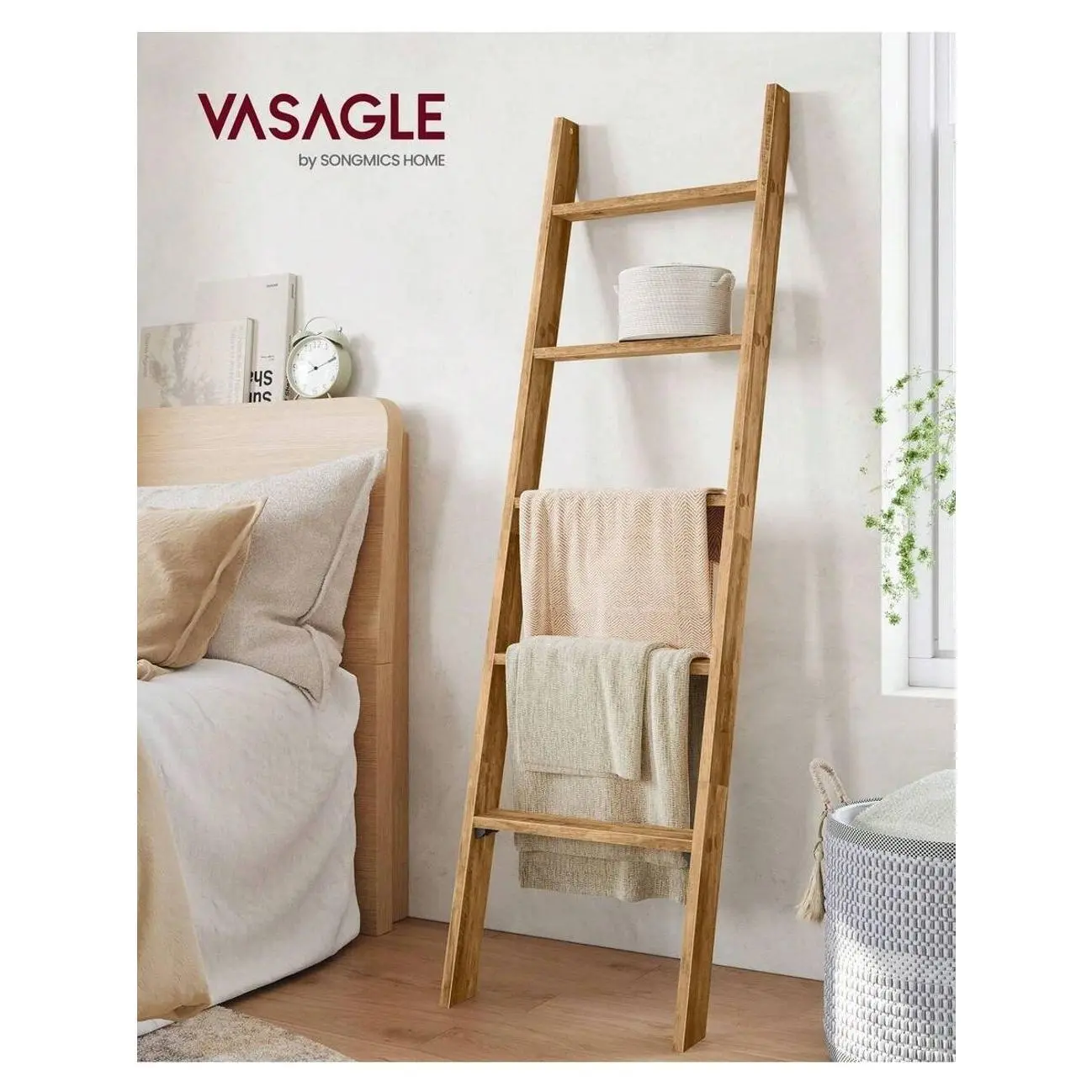 ✨ Wooden Blanket Ladder Shelf With 5 Tiers, Elegant Home Decor And Space Saving Organizer.