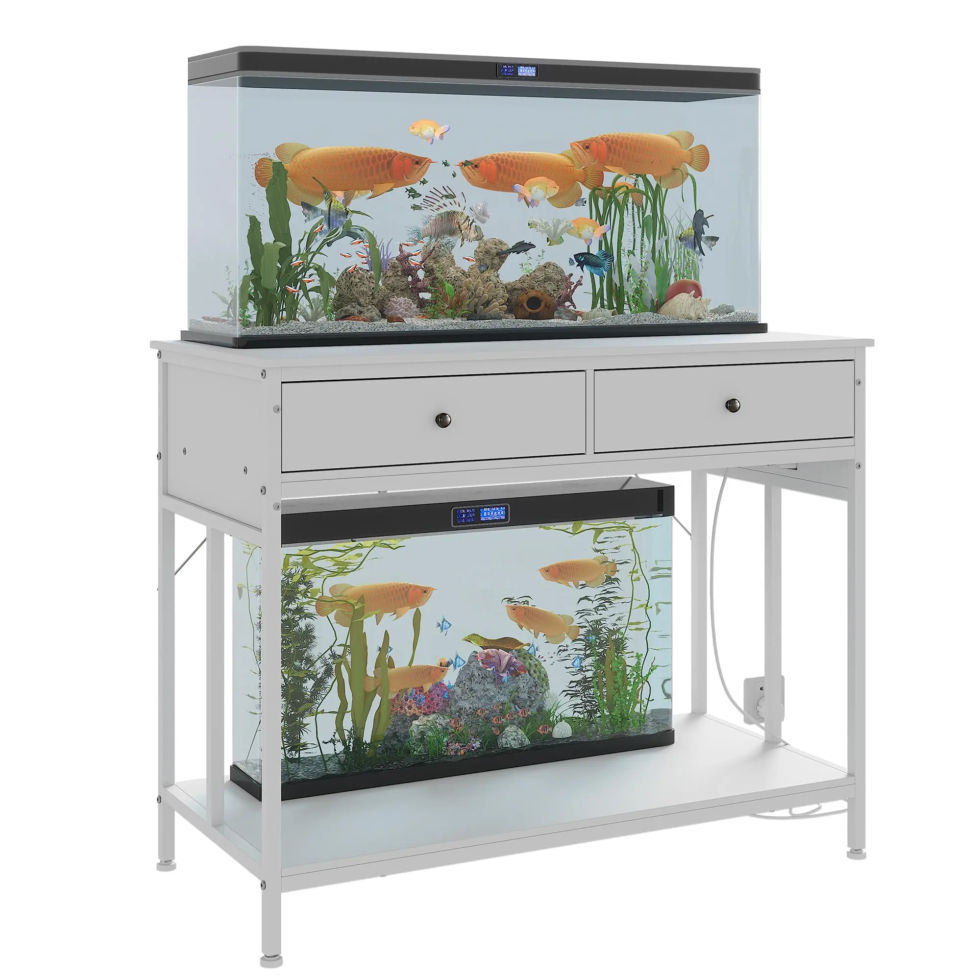 40 Gallon Aquarium Stand, Metal Cabinet with 3 Power Outlets and 2 Drawers, Double Terrarium Cabinet for 40-50 Gallons, Lower Shelf for 10-29 Gallons, White