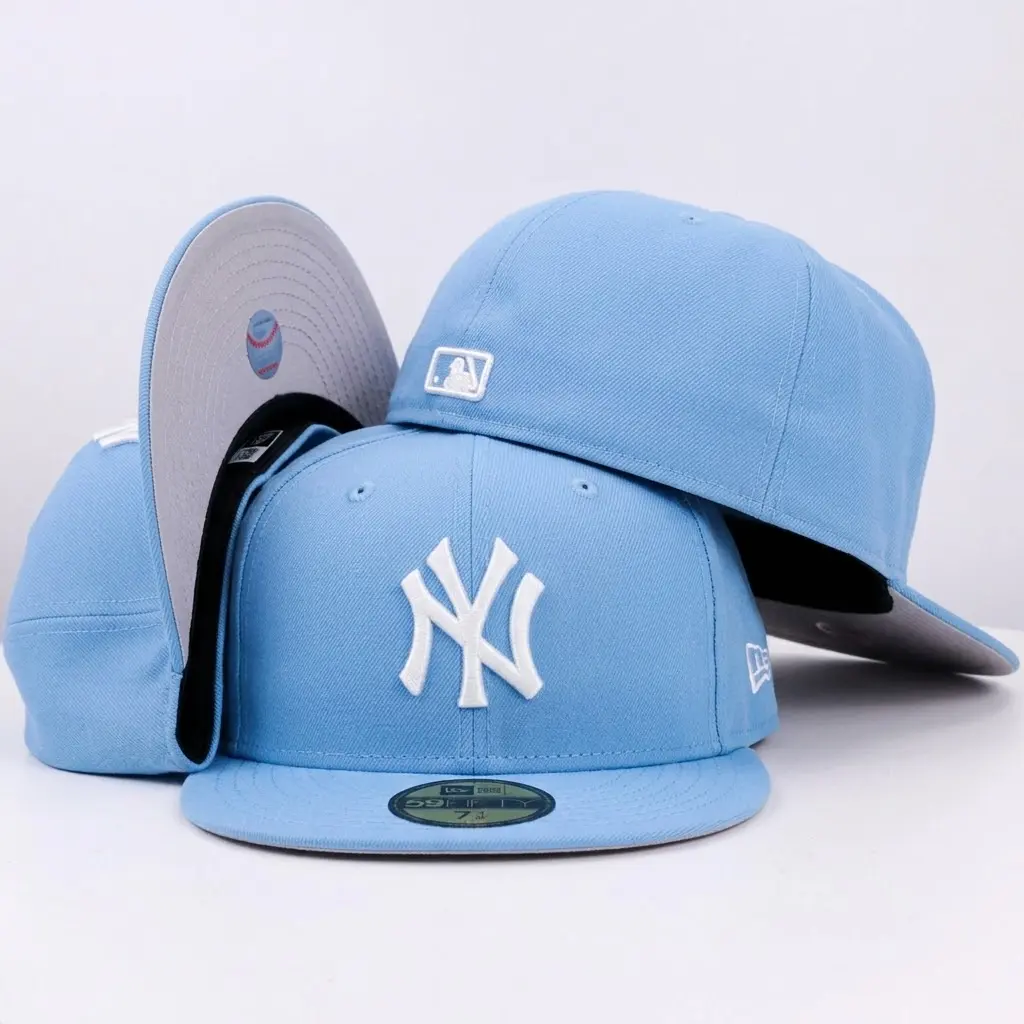 Light Blue Baseball Cap, NY Style Embroidered Fitted Hat, Flat Brim Streetwear Cap, Unisex Urban Fashion Headwear, Baseball Fan Gift
