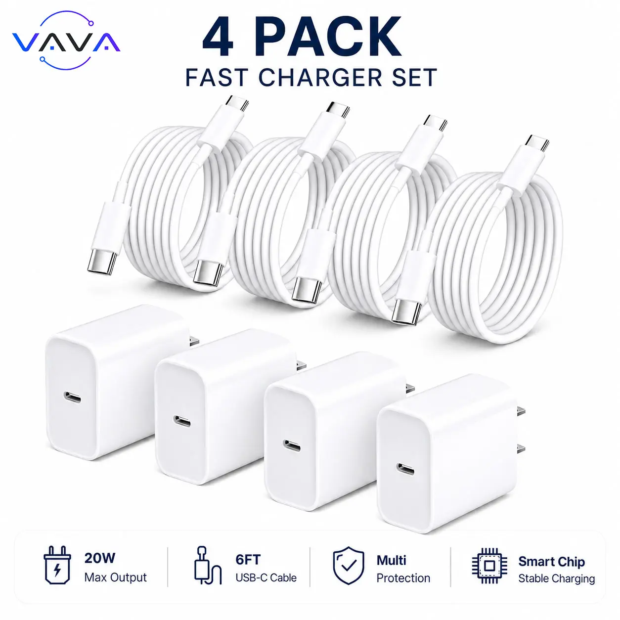 USB C Fast Charger 4-Pack 20W Block with 6FT USB C to C Cable for iPhone 16 15 14, Samsung Galaxy, iPad, Pixel, Android - Type C Charger Adapter Wall Plug Set, Universal USB-C Charging Station