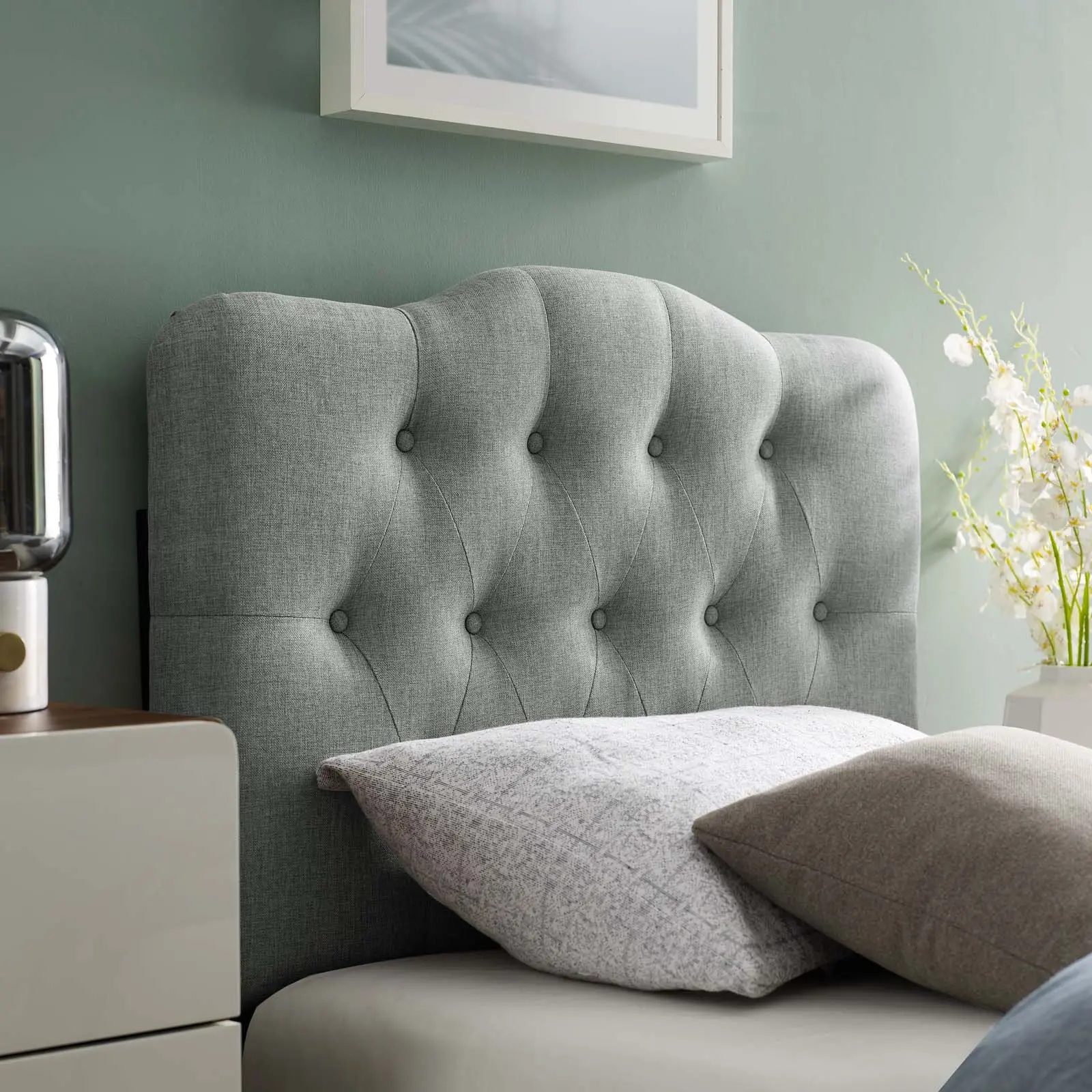 Modway Annabel Twin Button-Tufted Linen Upholstered Curved Headboard - Fiberboard & Plywood-Constructed Indoor Furniture for Twin Beds, Gray