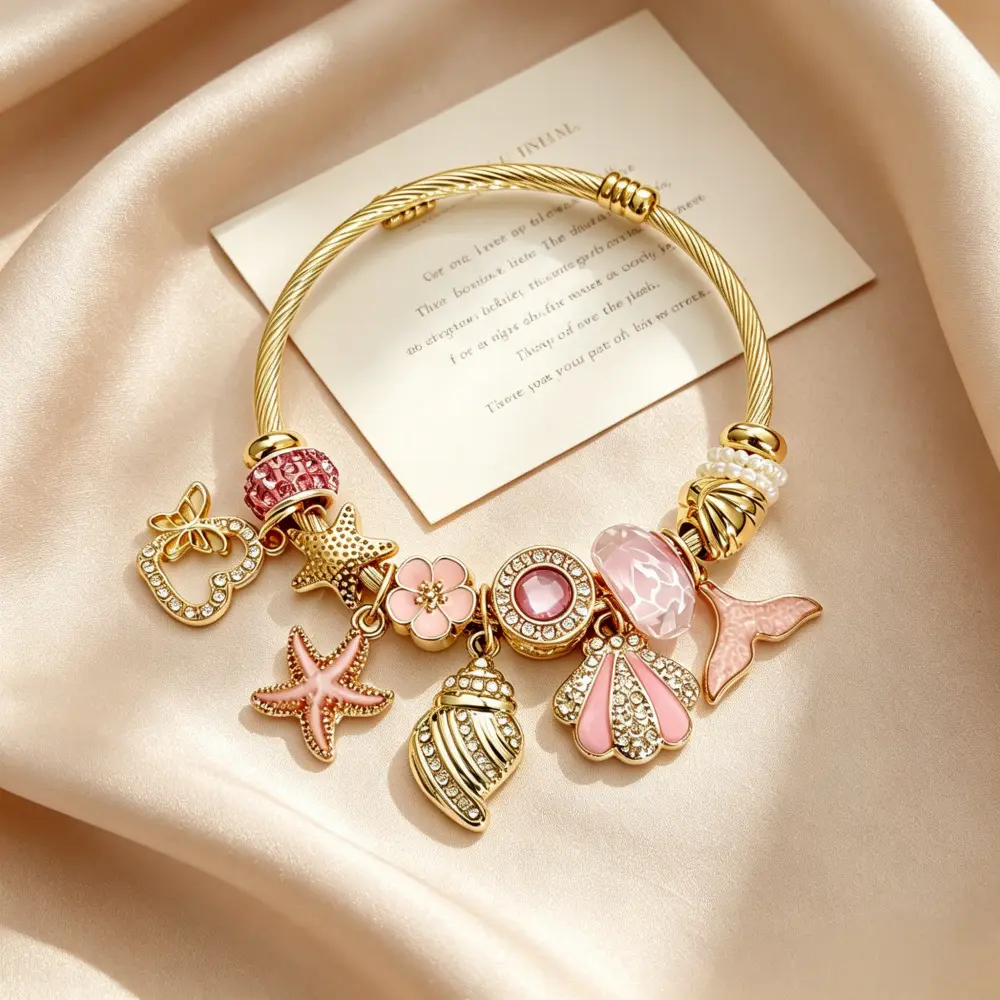 Women's Ocean Charm Bracelet - Adjustable Gold Open Cuff with Interchangeable Removable Starfish, Seashell, Mermaid Tail, Coastal Accents, Gift-Ready Beach Vacation Costume Jewelry (Charm Bracelets)