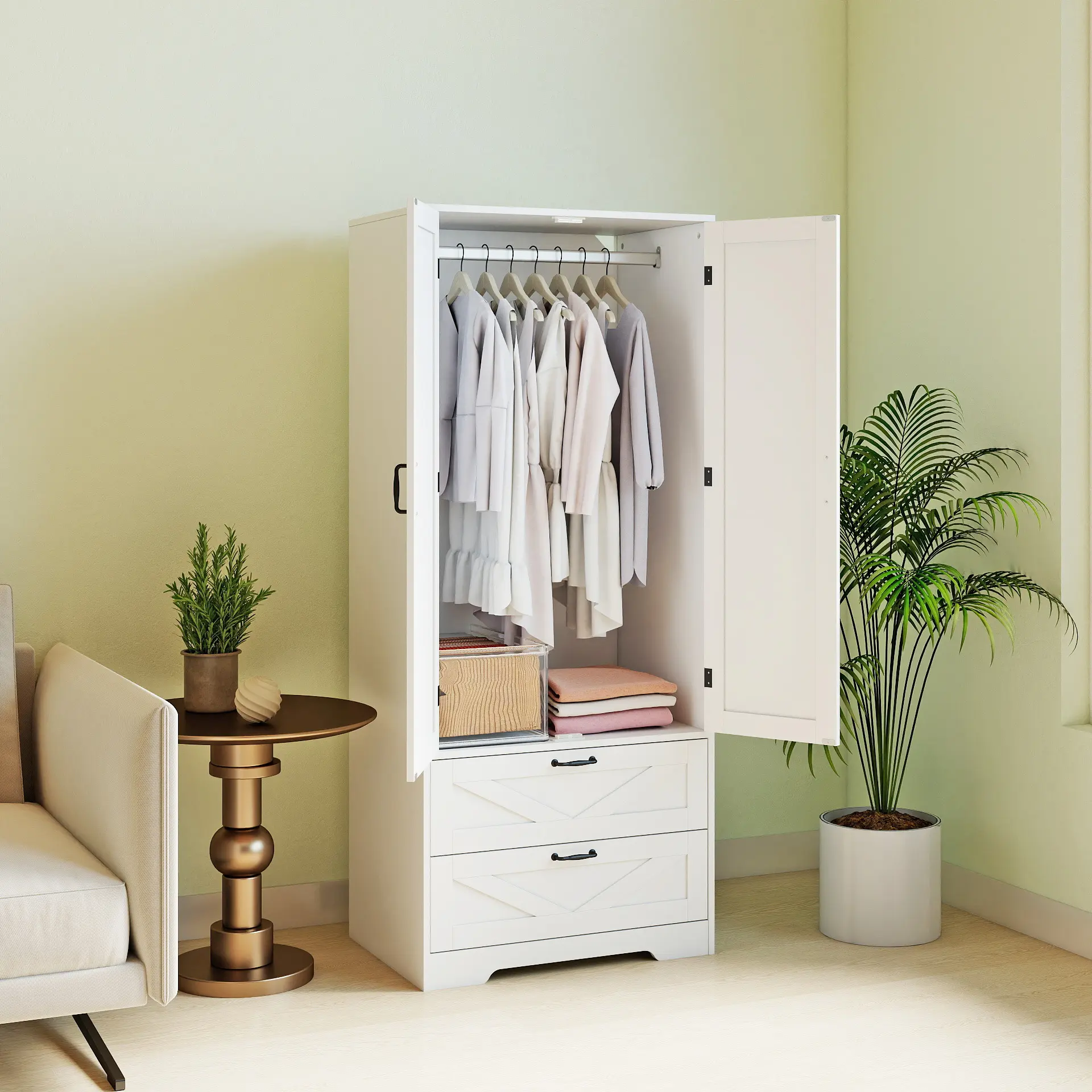65.3-in Freestanding Wardrobe Armoire Cabinet, Modern Wooden Wardrobe, Easy Assembly, Sturdy Structure, Suitable for Clothes Storage in Bedrooms, Living Rooms