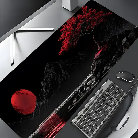 Japanese Dark Red Moon Tree Design Large Gaming Mouse Pad,Aesthetic Desktop Drotection Pad,Washable Rubber Pad Non-Slip Lock Edge Multi-Size Mouse Pad Suitable For Home Office,Computer Desk Accessory,Good Gift for Family and Friends