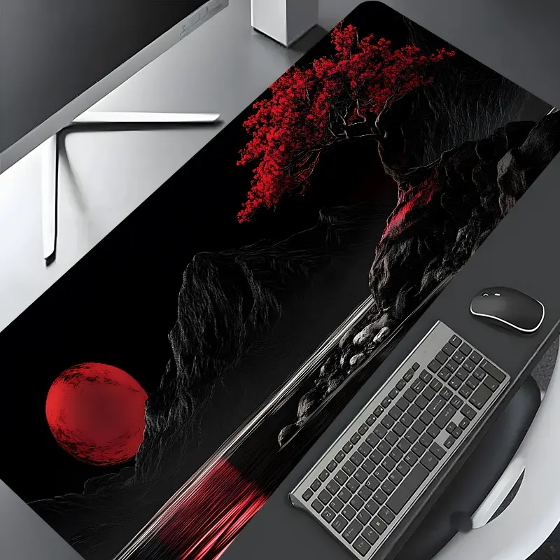 Japanese Dark Red Moon Tree Design Large Gaming Mouse Pad,Aesthetic Desktop Drotection Pad,Washable Rubber Non-Slip Lock Edge Multi-Size Mouse Pad Suitable For Home Office, Computer Accessories For Desk