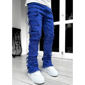Men Trousers Individual Patched Pants Long Tight Fit Stacked Jeans for Mens Clothing Cotton Khaki Menswear Simple