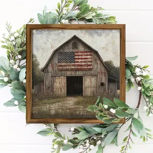 1pc Vintage American Flag Barn Wooden Frame Sign - 8x8 Inch Distressed Rustic Wall Art, Suitable for Living Room, Office, Bedroom Country Style Decorations, 4th of July Gift, Western Home Décor with Sawtooth Hanger Backing