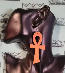 Orange Wooden Ankh Earrings
