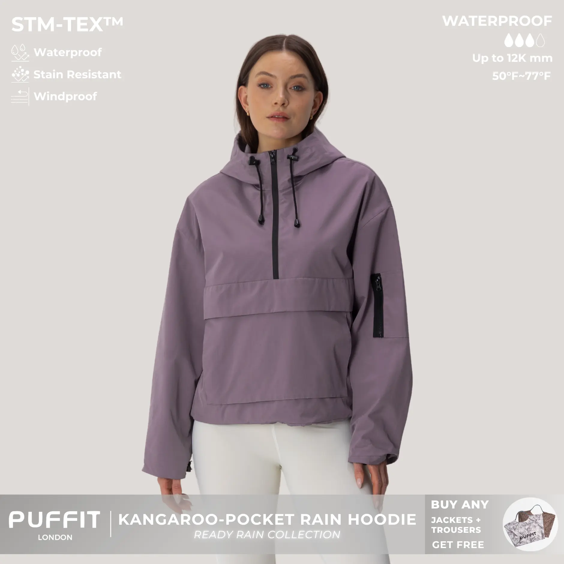 【Clearance】PUFFIT STM-TEX Waterproof Relaxed Fit Hoodie Coat Warm Half Zip Rain Jacket With Adjustable Waist,Hood & Cuffs,Large Kangaroo Pocket,Shell Jacket,Ski Jacket,Windbreaker,Fall&Winter Jacket ,Dog Walking,School Running,Womenswear,2026 Shopping