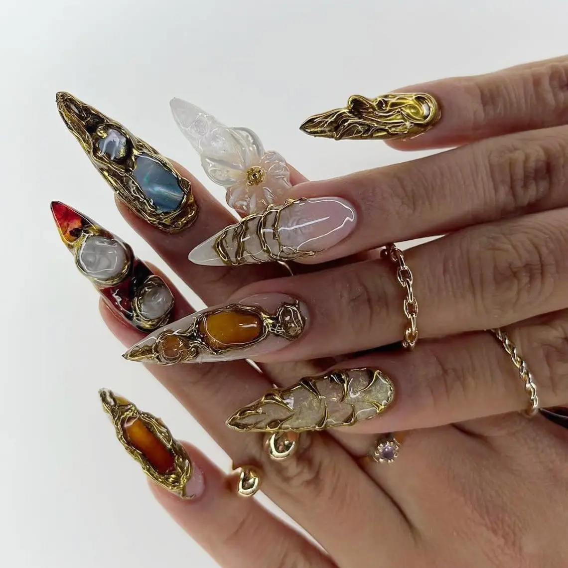 Galaxy Crystal Press On Nails | 3D Gemstone Rock Fake Nails | Gold Metal Accent Nail Art | Crystal Gemstone Press Ons | Luxury Nails
