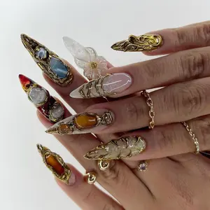 Galaxy Crystal Press On Nails | 3D Gemstone Rock Fake Nails | Gold Metal Accent Nail Art | Crystal Gemstone Press Ons | Luxury Nails