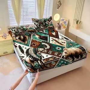 3Pcs Native American Inspired Fitted Sheet Set, Vibrant Tribal Geometric Patterns with Wolf, Eagle & Bear Illustrations, Earthy Tones Bedding for Cultural Heritage Decor, Perfect for Unique Bedroom Style. Includes 2 Pillowcases, No Pillow Core