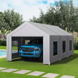 Carport 12x20 ft Heavy Duty, Car Port with Reinforced Steel Frame and 6 Roll-up Windows, Portable Garage with Removable Sidewalls, Water-Proof All-Season Car Canopy for Boat, Truck, Light Grey