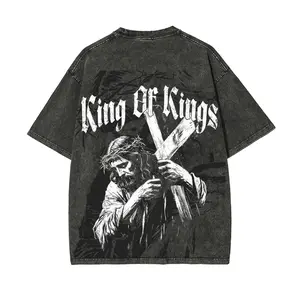 KING OF KINGS Jesus Christ Carrying the Cross Crucifixion Vintage T Shirt Washed Acid Cotton Heavyweight Streetwear Unisex Casual Daily