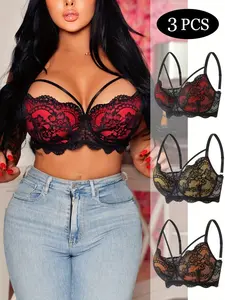 Floral Lace Bra with Steel Ring, Fashionable Front Straps, Adjustable Shoulder Straps, Back Cutout, Breathable Comfort, Women's Underwear