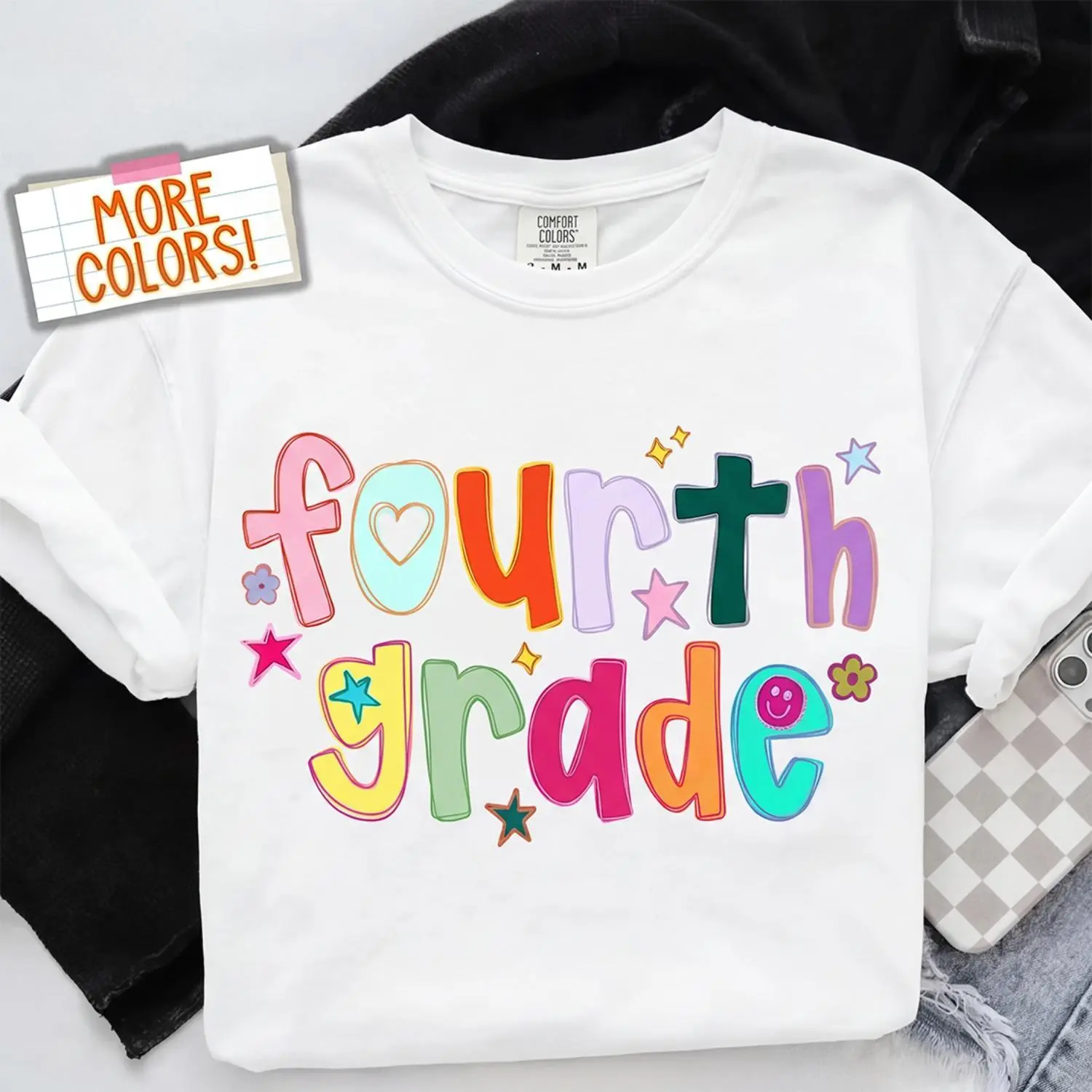 Teacher Life Graphic Tee for Women - "Fourth Grade" Colorful Doodle  Short Sleeve Shirt Casual Crew Neck T-Shirt sleeve cotton t-shirt ladies unisex round long sleeve t-shirt pink classic Street Style at dinosaur Tarot Card Print is shri