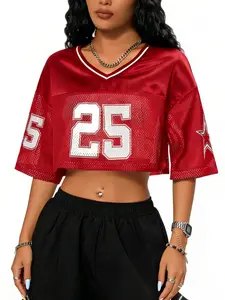 Women's 25 Graphic Cropped Football Jersey 2026 Trendy V Neck Design Short Sleeve Mesh Material Crop Top Y2K Streetwear Hip Hop Going Out Outfits Casual Sporty Tee Multi Color Available