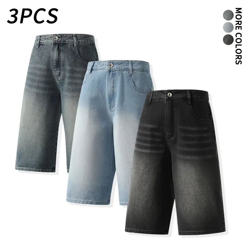 3 PCS Multi Color Vintage Washed Wide Leg Knee Length Denim Shorts, Cotton Fabric, Loose Draping Knee Length Denim Shorts, High Waisted Relaxed Fit, Streetwear Style, Suitable for Summer Daily Wear, Strolling, Skateboarding, Beach Trips and Outings, Fash