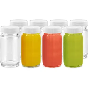 Juice Shot Bottles Set - Wide Mouth for , Beverage Storage, Liquids, 2 oz, Clear Glass with White Caps, , Leak Proof, Jars (8 pack)
