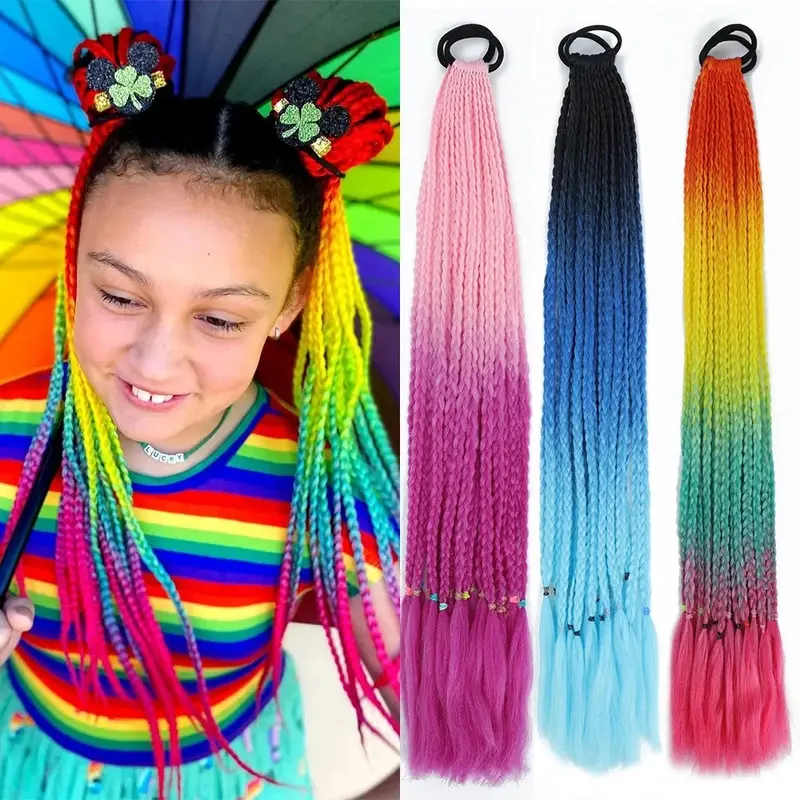 2026 New Synthetic Gradient Color Dirty Braided Ponytail Extensions With Elastic Band 24" Rainbow Braid Pony Tail Hairpiece For Girl