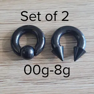 2 Pairs Black Steel Captive Bead Septum Ring Spiked Cone Horseshoes Pincher Gauges 2g 4g 6g 8g big stretched men women cbr jewelry
