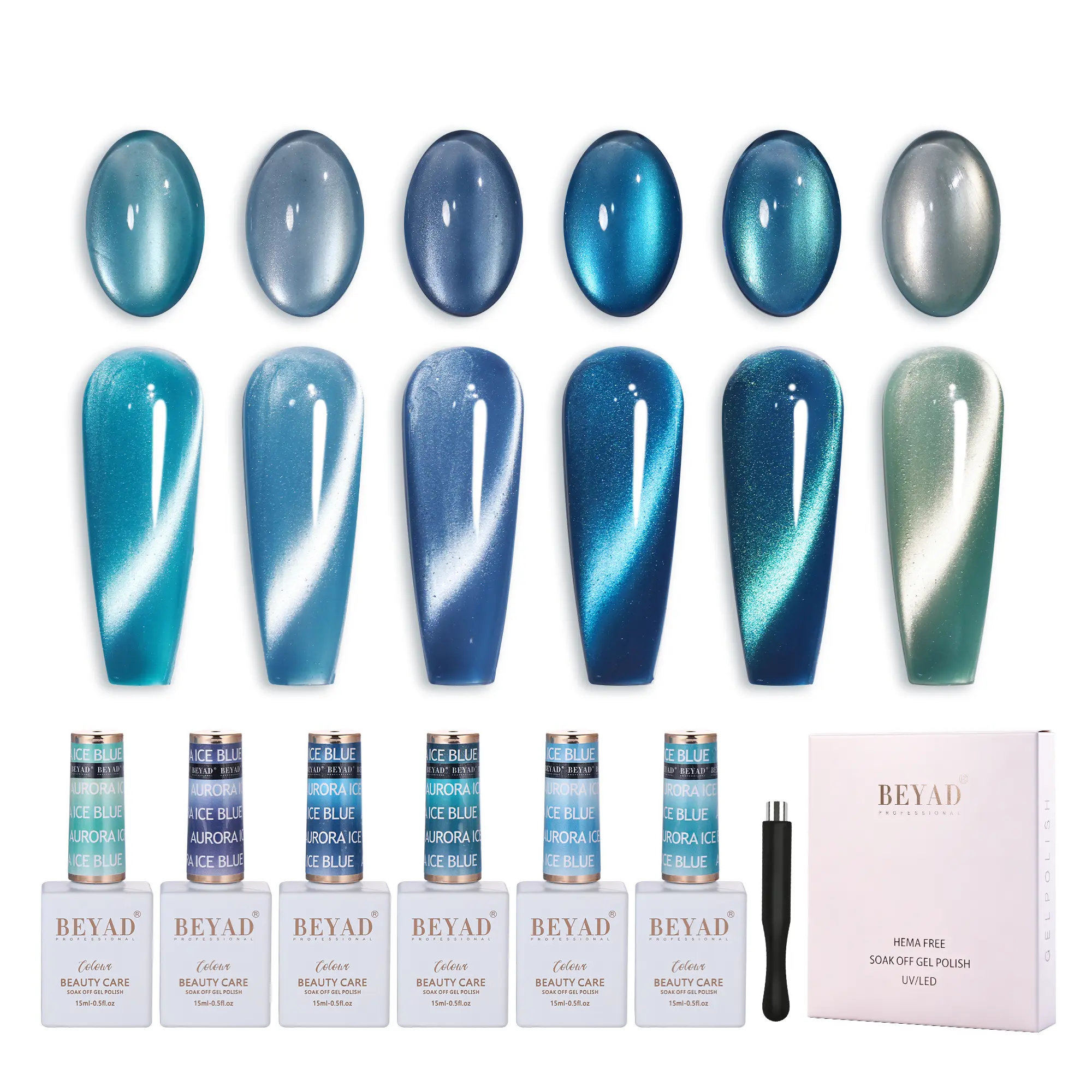 Beyad Luxury Ice Blue Cat Eye Gel Polish Multi-Pack, 6 Translucent Glossy Self-Leveling Magnetic Gel Nail Polishes with Free Magnet for Nail Art Use