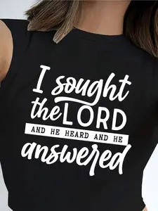 Plus Size, Plus Size Women's Clothing, Women's Plus Size 1X-5XL Faith T-Shirt- "I Found the Lord, He Healed Me" Scripture Print, Red and White Color Matching Inspirational Short Sleeve Round Neck Casual Church Clothing, Religious Gift