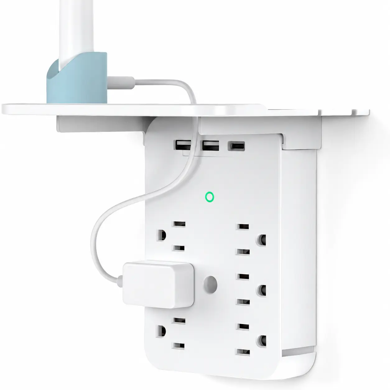Wall Outlet Extender with Surge Protector, 2 USB A & USB C Charging Ports, 6 AC Outlets with Shelf, Home & Dorm Plug Expander