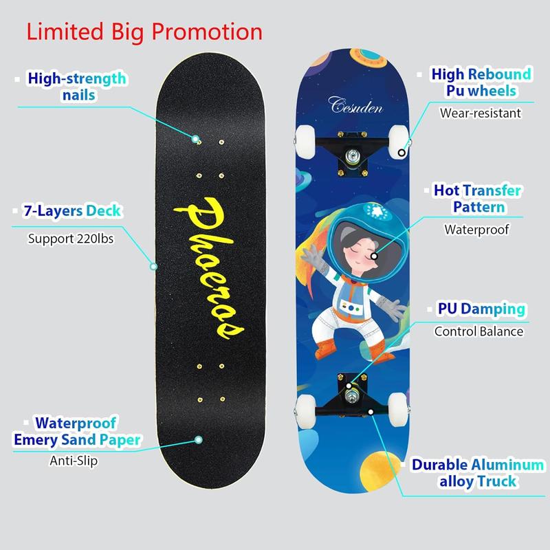 Skateboards -Standard Skateboards for Kids Boys Girls Youths Beginners Starter-Complete Skate Boards 31''x 8''Canadian Maple Pro Cruiserkryptonics skateboard