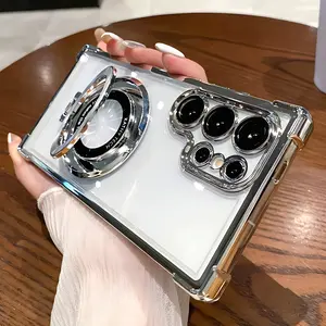 Four Corner Air Cushion Anti-Fall Transparent Electroplated Magnetic Bracket Protective Cover Suitable for Samsung Galaxy S25 S24 S23 S22 Ultra FE Plus Protection Smartphone