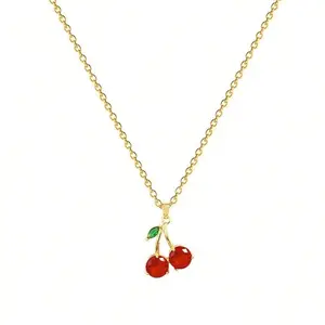 1pc Red Cherry Pendant Necklace for Women, Stainless Steel Choker with Full Rhinestones, Luxurious and Versatile Gift Jewelry