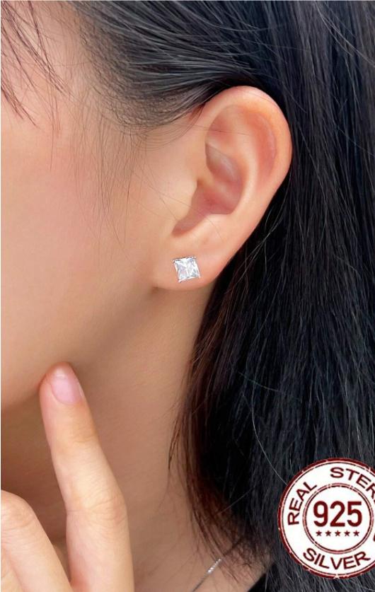 1 Pair Princess Cut 5A Cubic Zirconia Square Stud Earrings – 925 Sterling Silver, Elegant Jewelry for Women & Girls, Perfect Gift