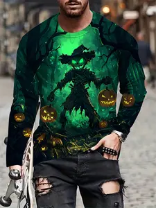 Men's Halloween Long Sleeve Shirt, Flashing Eyes Scarecrow Pumpkin Pattern, Adult Horror Party Clothing, Fall Halloween Set