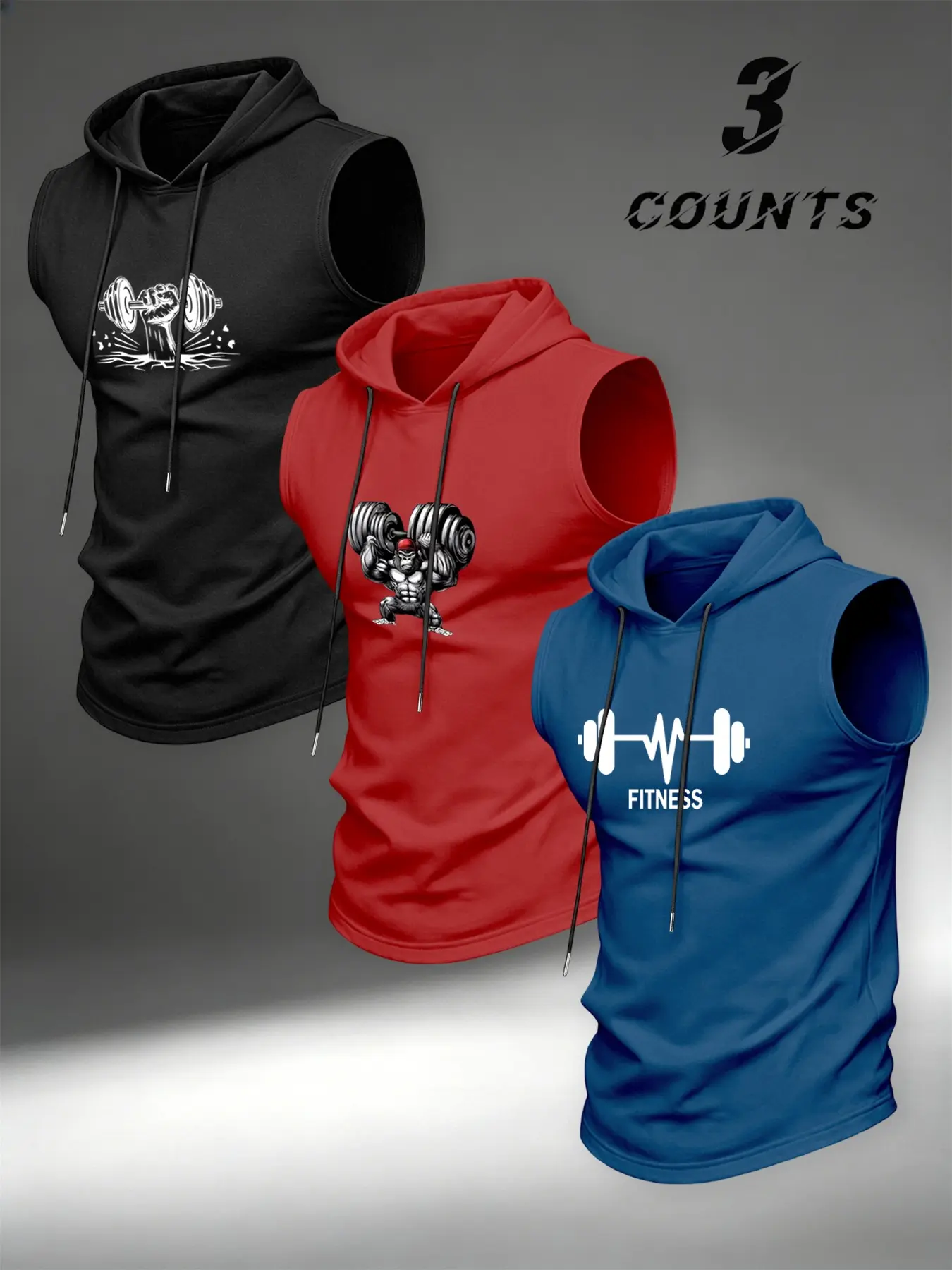 3-Pack Gym Dumbbell Print Hooded Vest for Men, High Elastic Breathable Sleeveless Tank Top, Sporty Compression Wear for Workout, Workout Vests, Sports Tank Tops, Activewear for Fitness, Athletic Top