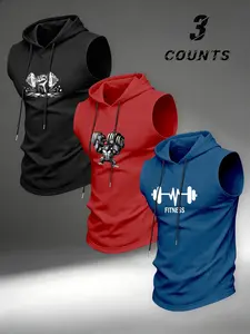 3-Pack Gym Dumbbell Print Hooded Vest for Men, High Elastic Breathable Sleeveless Tank Top, Sporty Compression Wear for Workout