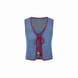 Cider Knit Crochet V-Neck Colorblock Tie Front Bow Oversized Vest