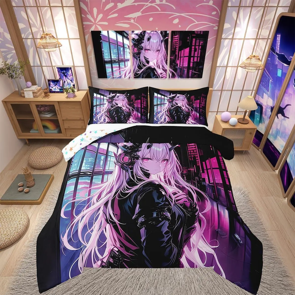 Japanese Anime Bedding Set,Anime Girl Comforter Set,Kawaii Japanese Style Duvet Insert Cartoon Japan Animation Quilt for Boys Teens Adult Women Bedroom Decor