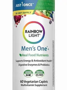 Rainbow Light Mens Multivitamin One + | 60 Caplets | Supports Energy & Antioxidant Health | with Real Food Nutrients, Digestive Enzymes & Probiotics