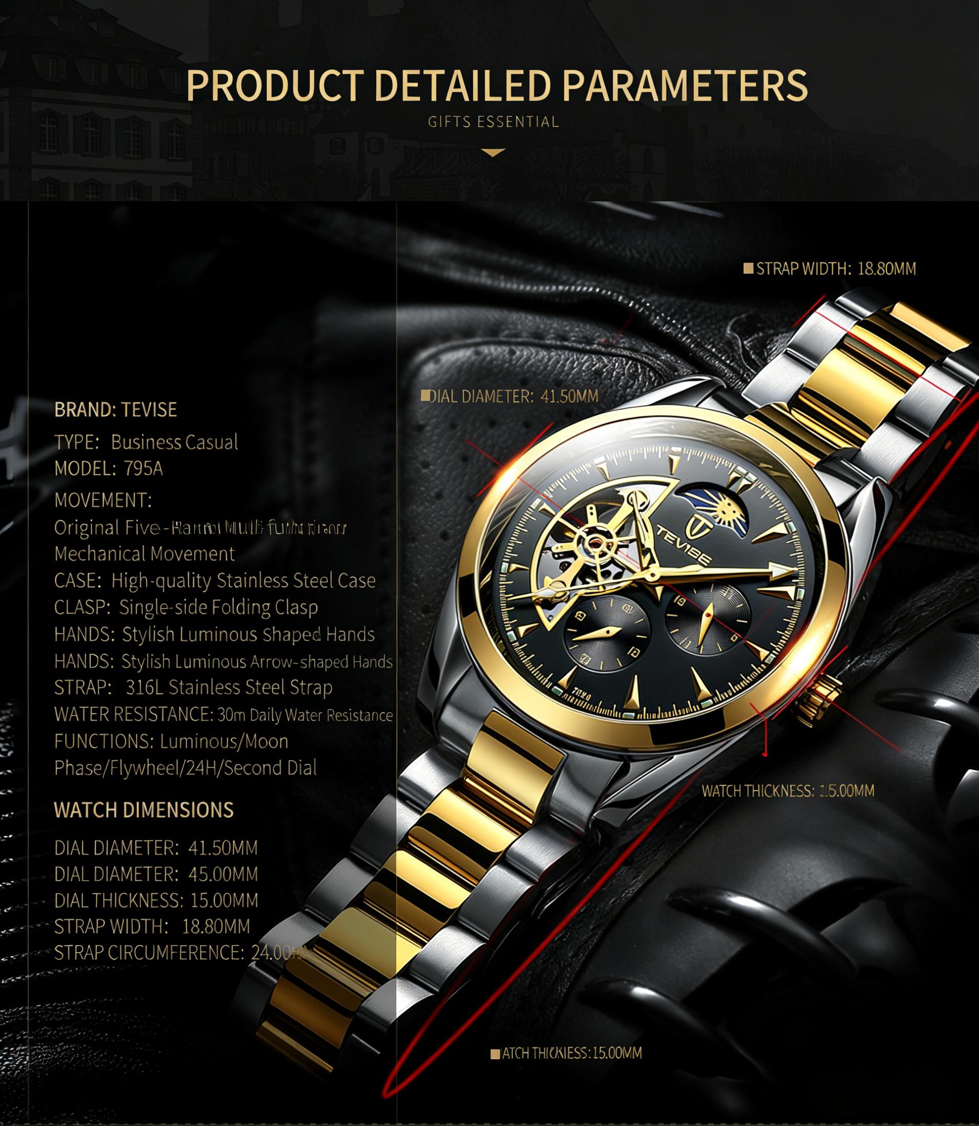 Luxury Men's Skeleton Watch, Moon Phase, Automatic Movement, Business Stainless Steel Wristwatch