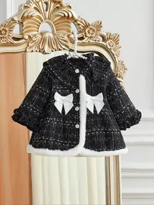 Elegant and cute baby girl autumn and winter coat, long sleeves with buttons   pleated collar   white bow, furry patchwork, versatile baby warm for outdoor wear, perfect gift choice, Baby Clothes Girl