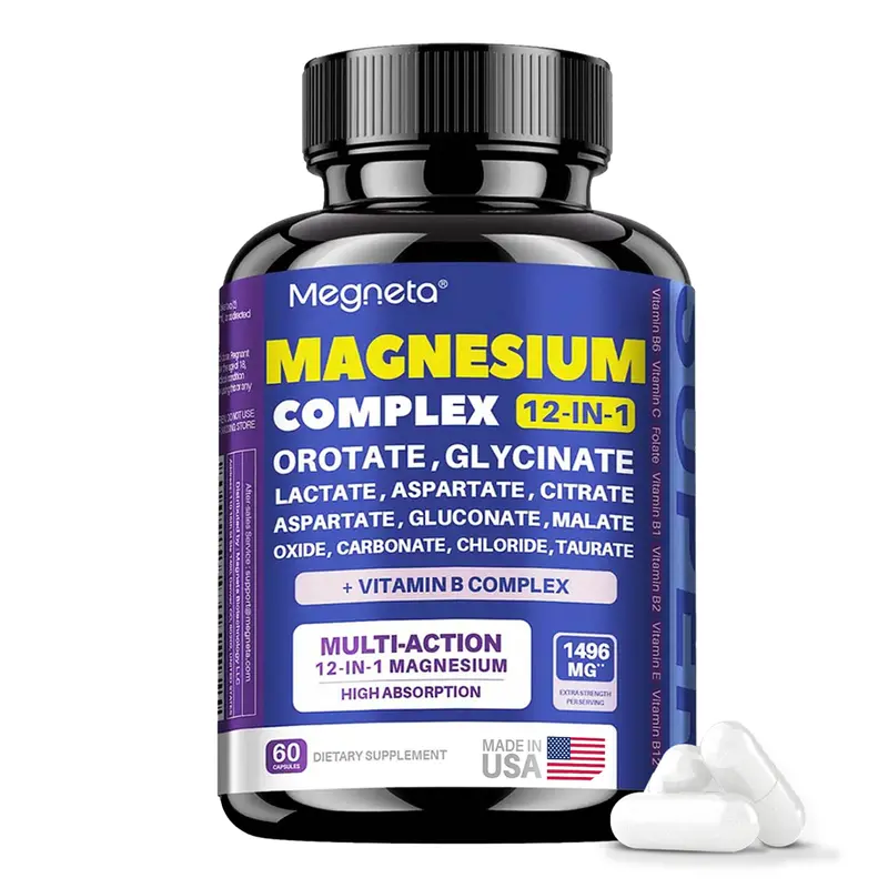Magnesium Complex Mineral Supplement - 12-IN-1 Enhanced Formula, 12 Magnesium Forms + Vitamin B Complex, 1496mg per Serving, 60 Capsules, High Absorbable, Made in USA, General Wellness, Dietary Nutrition, Healthcare Supplement, General Wellness Supplement