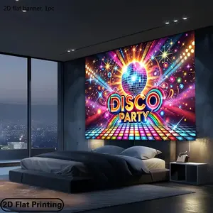 2D flat banner, 1 piece, vibrant disco party backdrop - A colorful polyester fiber photography backdrop with the words "Disco Party", featuring glittering disco balls and star patterns, KDJ