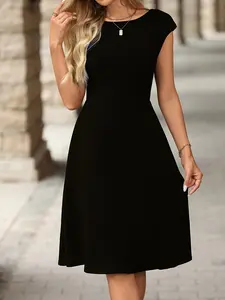 Elegant Round Neck Sleeveless Dress, Slimming Waist Design, Versatile Office Wear, Plain Color Women's Fashion Gown